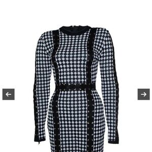 Balmain Black and White Diamond-Pattern Long Sleeve Mini Dress